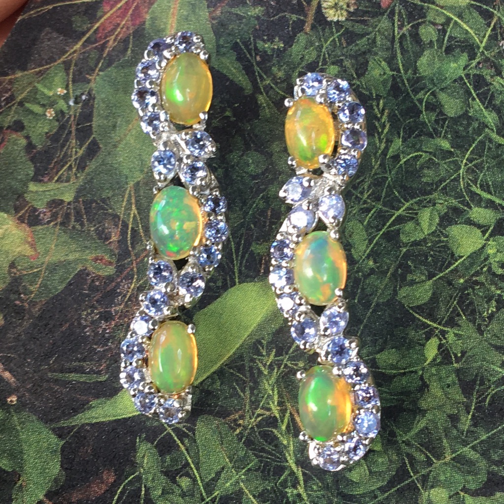 Amazing Opal & Tanzanite Sterling Silver 925 Earrings Signed Bbj